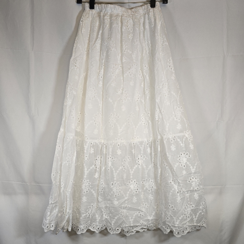 White Floral Eyelet Design Maxi Skirt